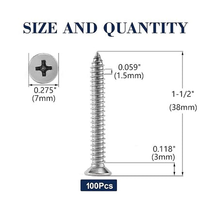 #7 x 1-1/2" Wood Screw 100Pcs 18-8 Stainless Steel Screws Flat Head Phillips - Image 2