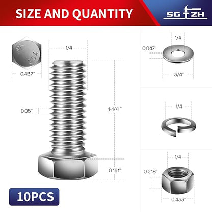 1/4-20 x 1-1/4" Hex Head Screw Bolt, Flat & Lock Washers, Fully Threaded - Image 2