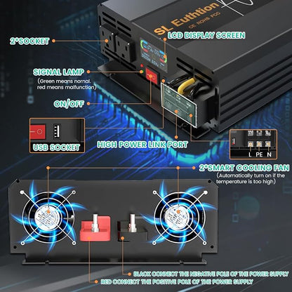 3000W/6000W Pure Sine Wave Car Power Inverter 12V DC to 120V AC 60HZ - Image 2