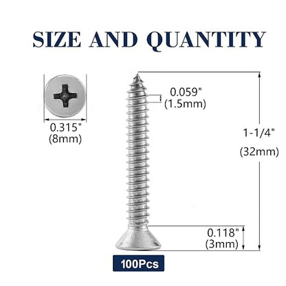 #8 x 1-1/4" Wood Screw 100Pcs 18-8 Stainless Steel Screws Flat Head Phillips - Image 2