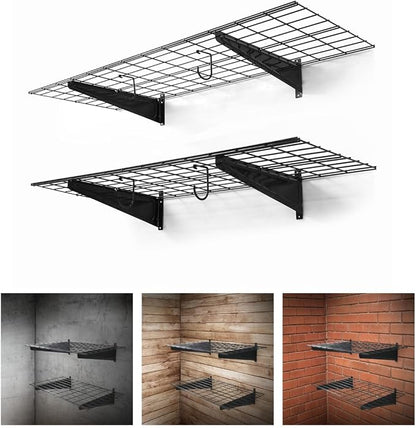 Fencer Wire 48 in. W x 18 in. D Wall Mounted Garage Wall Shelving w/ 2 Hooks by Fencer+Wire