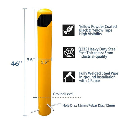 46 inch High Pour in Place Steel Bollard Post, 5-1/2" OD Safety Bollard Yellow - Image 3