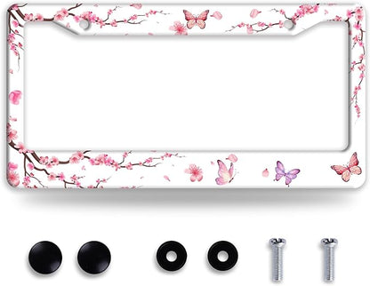 Pink Cherry Blossom Butterfly License Plate Frame Beautiful Flowers License by BRAGHRTED