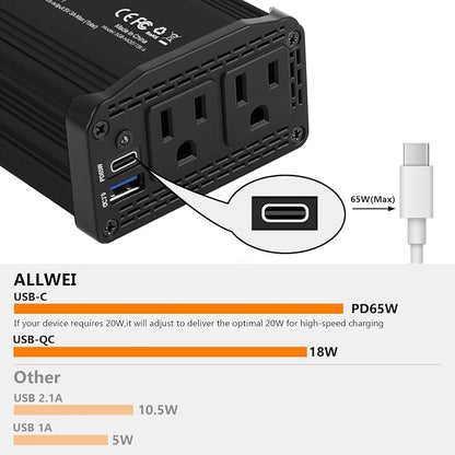ALLWEI 300W Car Power Inverter DC 12V to 110V AC - Image 3