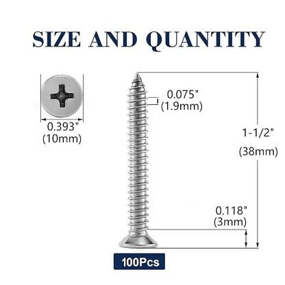 #12 x 1-1/2" Wood Screw 100Pcs 18-8 Stainless Steel Screws Flat Head Phillips - Image 2