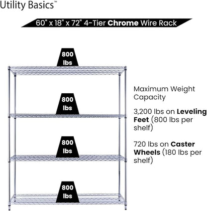 60"x18"x72" Chrome Premium Metal Steel Wire Shelving 4-Tier NSF 3200 LBS MAX - Image 6