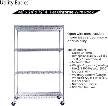 48"x24"x72" Chrome Premium Metal Steel Wire Shelving 4-Tier NSF 3200 LBS MAX - Image 5
