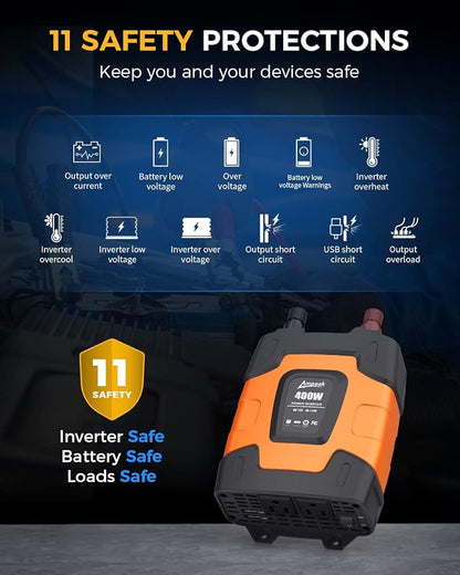 Ampeak 400W Power Inverter 4.8A Dual USB Ports 2 AC Outlets Car Inverter DC 12V - Image 2