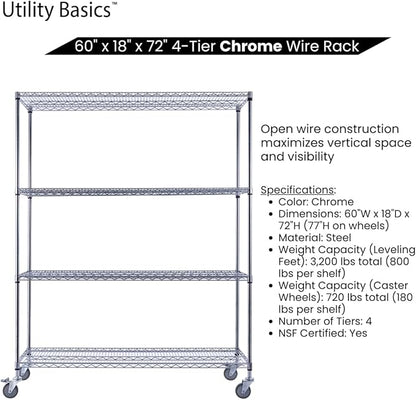 60"x18"x72" Chrome Premium Metal Steel Wire Shelving 4-Tier NSF 3200 LBS MAX - Image 5