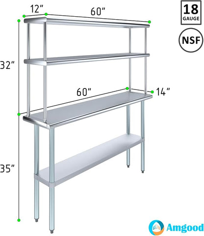 Amgood Stainless Steel Work Table Wide Double Tier Overshelf | NSF | Metal - Image 3