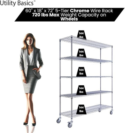 60"x18"x72" Chrome 5-Tier PREMIUM Wire Shelving NSF 4000 LBS MAX CAPACITY Heavy - Image 4