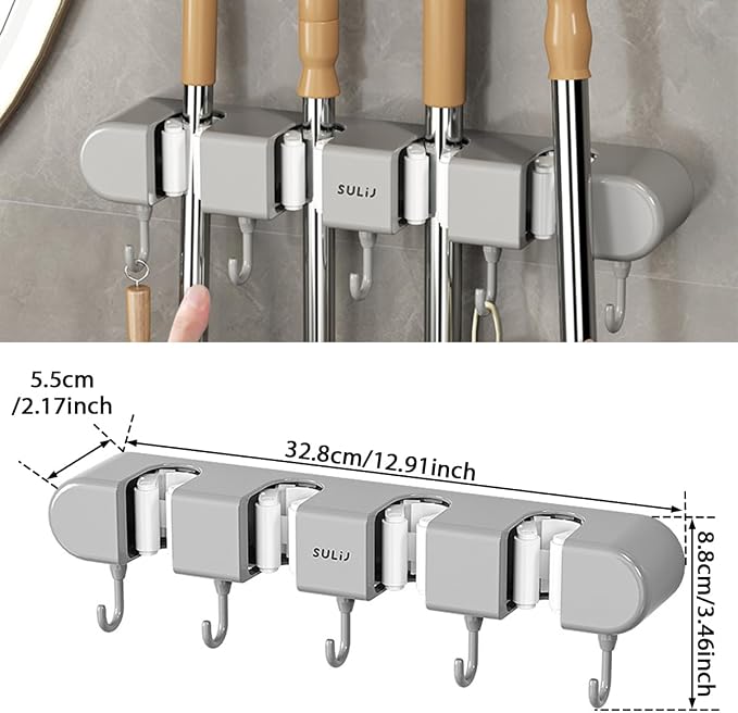 3PCS Broom Mop Holder with Hooks Wall Mounted Broom Storage Rack No Drilling - Image 8