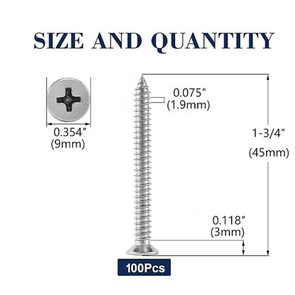 #10 x 1-3/4" Wood Screw 100Pcs 18-8 Stainless Steel Screws Flat Head Phillips - Image 2