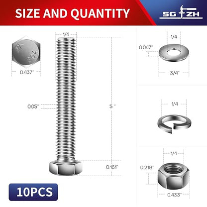 1/4-20 x 5" Hex Head Screw Bolt, Flat & Lock Washers, Fully Threaded, by SG TZH - Image 2