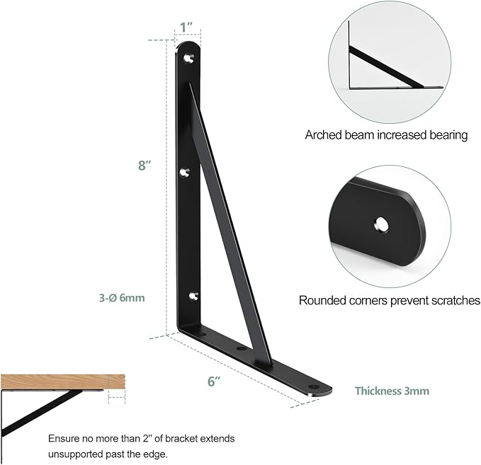 4 Pack L8 x H 6" Black Heavy Duty Shelf Brackets - Image 2