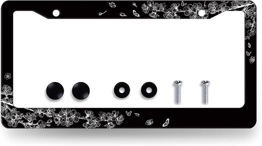 Black White Cherry Blossom License Plate Frame Butterfly Flower License Plate by RNKATIH