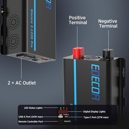 EDECOA Pure Sine Wave Inverter 1200W 12V DC to 110V AC Power Inverter - Image 5