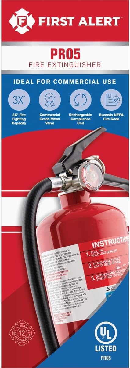 FIRST ALERT PRO5 Rechargeable Heavy Duty Fire Extinguisher, UL RATED 3-A:40-B:C by FirstAlert