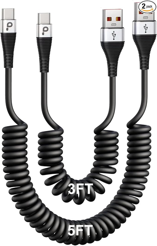 USB Type C Coiled Cable Fast Charging, Short USB A to USB C Charge Cable by PRAKIE