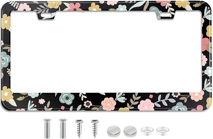 Black Cute Cartoon Floral License Plate Frame Colorful Flowers Stainless Steel by TXWWXT