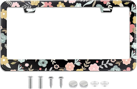 Black Cute Cartoon Floral License Plate Frame Colorful Flowers Stainless Steel by TXWWXT
