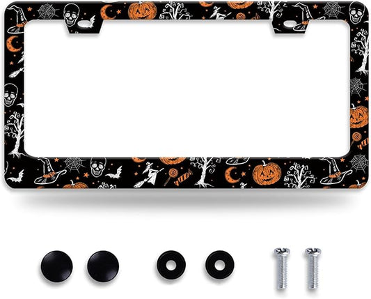 Pumpkin Witch Gothic License Plate Frame Bat Spider Web License Plate Holder by NEWCOCO