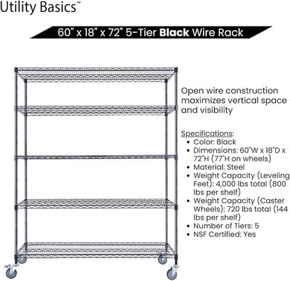 60"x18"x72" Black 5-Tier Premium Wire Shelving NSF 4000 LBS MAX Capacity Heavy - Image 5