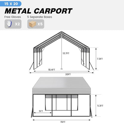 20'x15'x12.7' Heavy Duty Metal Carport, Steel Carports Canopy - Image 7