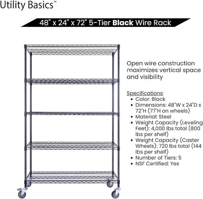 48"x24"x72" Black 5-Tier Premium Wire Shelving NSF 4000 LBS MAX Capacity Heavy - Image 5