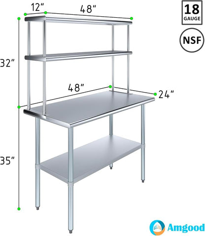 Amgood Stainless Steel Work Table Wide Double Tier Overshelf | NSF | Metal - Image 3