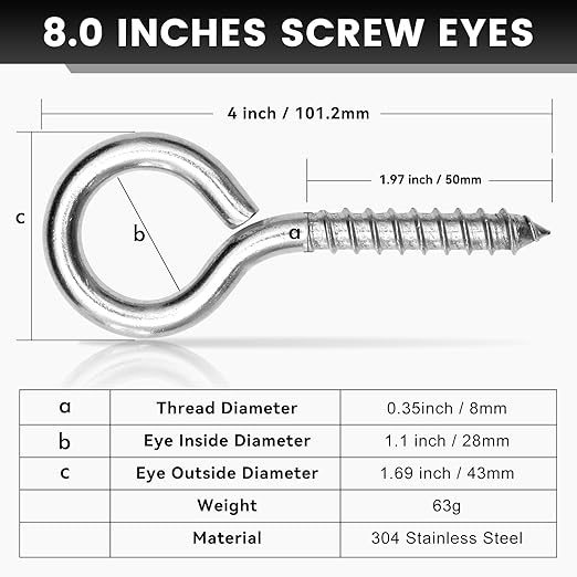 4Pcs Self Tapping Eyelet Screw Eye Bolt，4 Inch Heavy Duty Screw Eyes Hooks ，M8 - Image 2