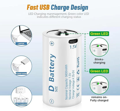 D Cell Batteries 4 Pack, Lithium D Batteries 5600mWh, Rechargeable D Batteries - Image 5