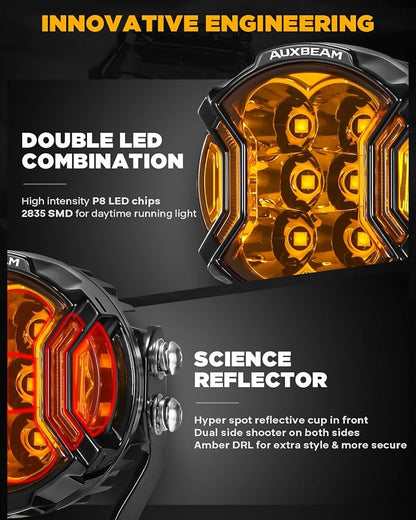 Auxbeam V-Ultra Series 3 Inch 108W Amber Fog Light Pods, DRL Function 3 Modes & - Image 2