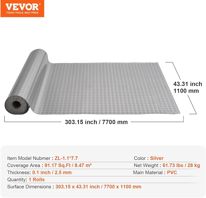 VEVOR Garage Floor Mat, 25.5 x 3.6 FT PVC Garage Flooring Roll, 2.5mm Thickness - Image 7