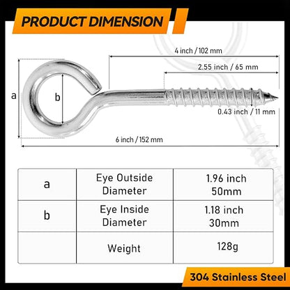 8Pcs 6 Inch Heavy Duty Screw Eyes Hooks, 304 Stainless Steel Self Tapping - Image 4
