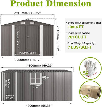 10 x 14 FT Large Outdoor Storage Shed w/ 2 Windows, Heavy Duty Metal Garden - Image 3