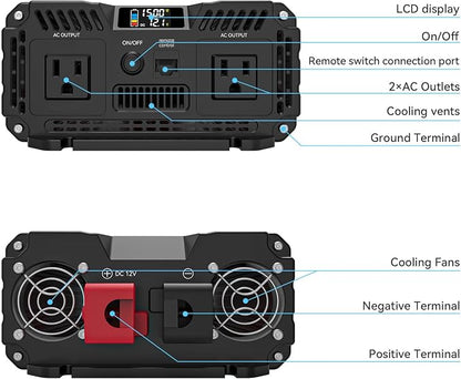 ALLWEI 1500W Pure Sine Wave Inverter 12V DC to 110V AC Converter, Surge 3000W | - Image 6