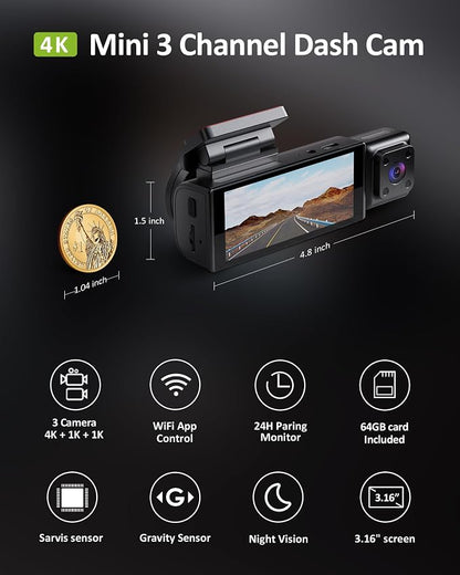 4K 3 Channel Dash Cam Front Rear Inside，STARVIS Sensor, 5GHz WiFi, 64GB Card - Image 2