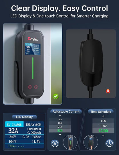 Raylix 32A Level 2 EV Charger, 240V 7.68kW Mobile Electric Car Charger - Image 4