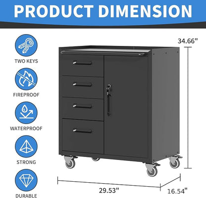 Metal Storage Cabinet with Wheels, Garage Cabinet with 1 Door and 4 Drawers - Image 3