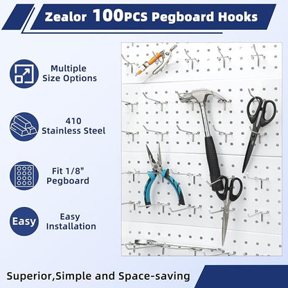 100 Pack Pegboard Hooks Set, 4 Inch Stainless Steel Pegboard Hooks Bulk Fit - Image 6