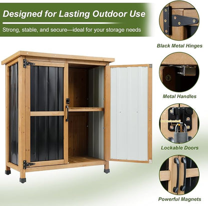 Outdoor Storage Cabinet Wood & Metal Small Storage Shed Waterproof Roof - Image 6