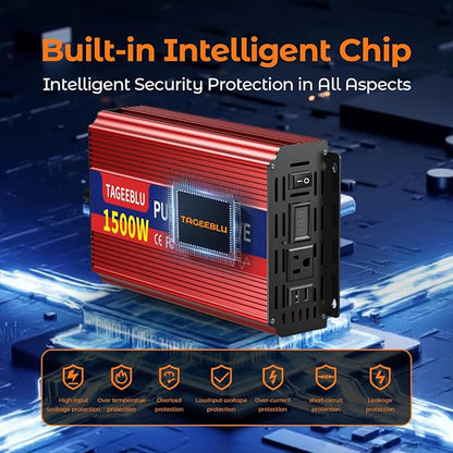 1500W Pure Sine Wave Inverter, 12V DC to 110V/120V AC Power Inverter - Image 4