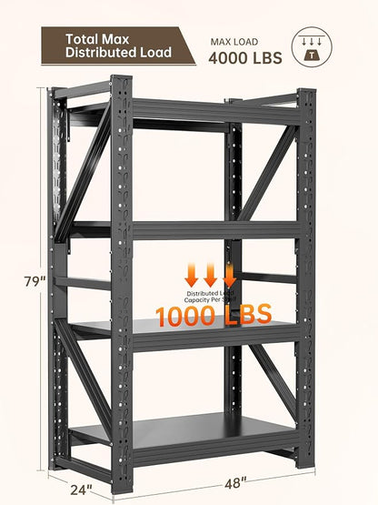 4-Tier Storage Shelves, Adjustable Industrial Metal Shelf System, 000lbs - Image 3