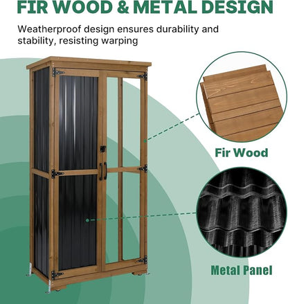 Outdoor Storage Cabinet Wood & Metal, Tall Tool Shed - Image 4