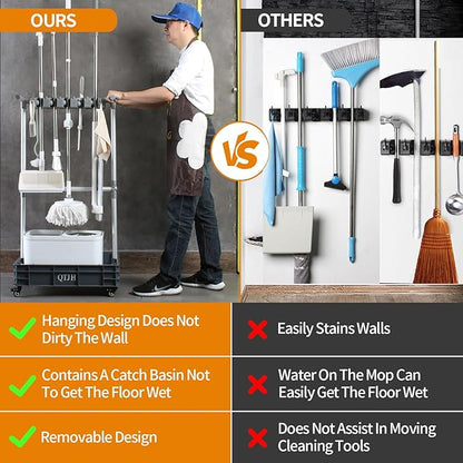 Broom mop holder cleaning supplies organizer janitorial carts on wheels - Image 4