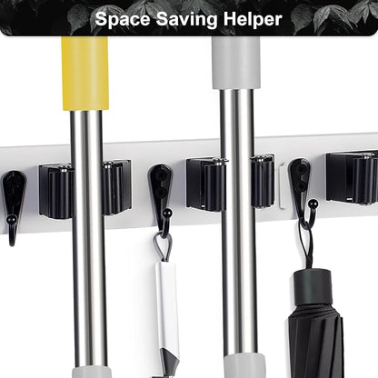 Broom Holder Wall Mount With 5 Slots & 4 Hooks，Rustic Wood Broom & Mop - Image 6