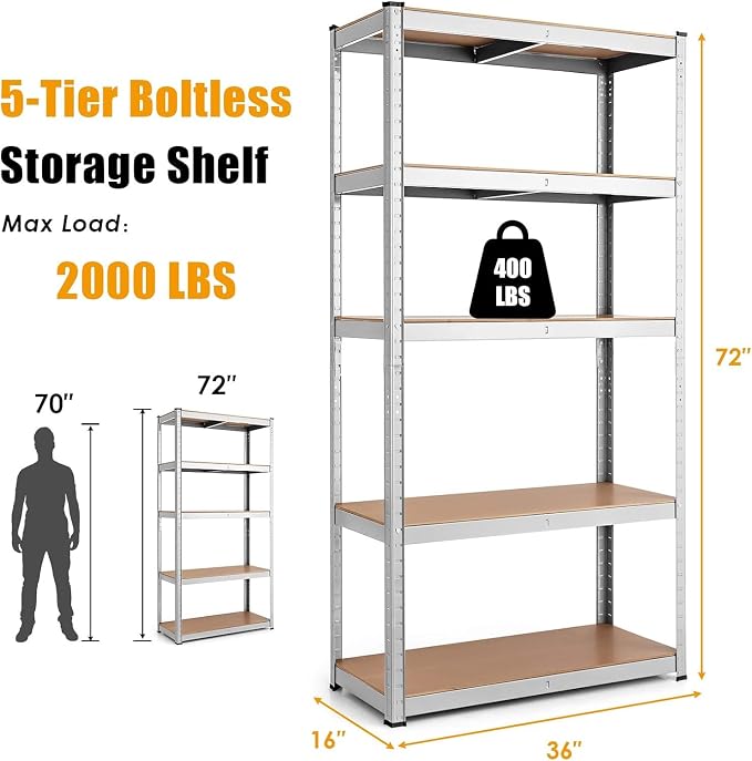 ERGOMASTER 5 Tier Utility Shelves Rack Garage Heavy Duty Steel Metal Shelving - Image 2