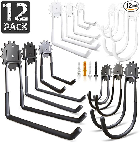Garage Hooks Black & White 12 Pack, Heavy Duty Steel Tool Storage Utility Hook by Vehookin