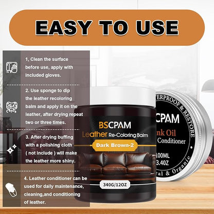 12oz Leather Recoloring Balm & 3.4oz Mink Oil Leather Conditioner kit, Dark - Image 5